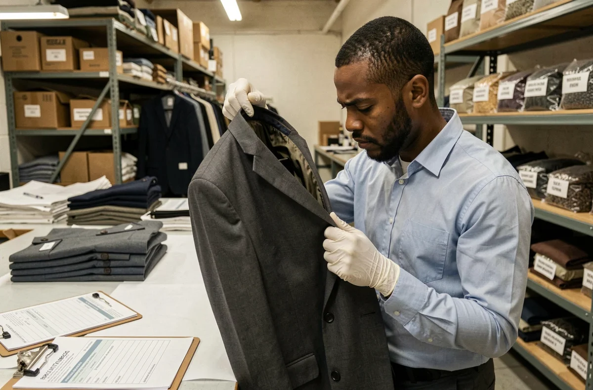 Contrôleur qualité inspectant une veste dans une usine de confection, représentant les enjeux éthiques et les conditions de production textile
