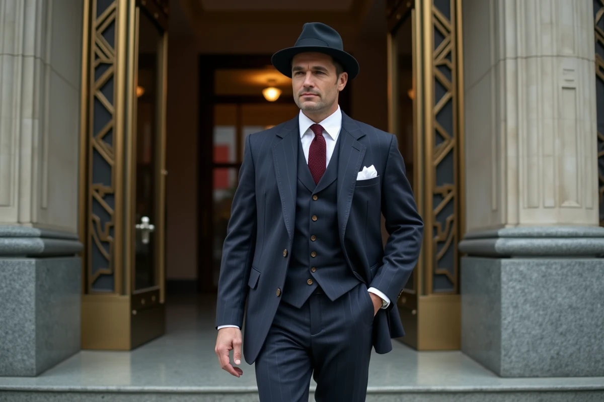 Homme en costume à carreaux années 30 devant une façade Art Déco, tenue vintage masculine élégante