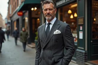 Homme en costume années 30 double boutonnage à rayures, style rétro élégant devant une boutique vintage