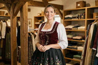 Femme portant un costume traditionnel alsacien authentique dans une boutique de vêtements régionaux français