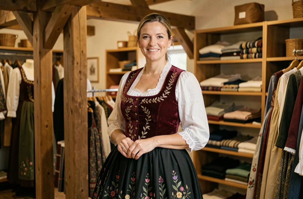 Femme portant un costume traditionnel alsacien authentique dans une boutique de vêtements régionaux français