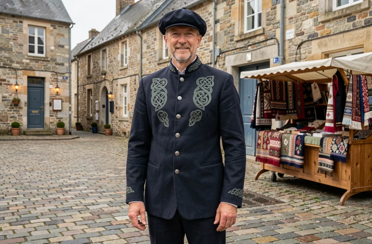 Homme en costume traditionnel breton complet dans un village en pierre avec un marché de tenues régionales