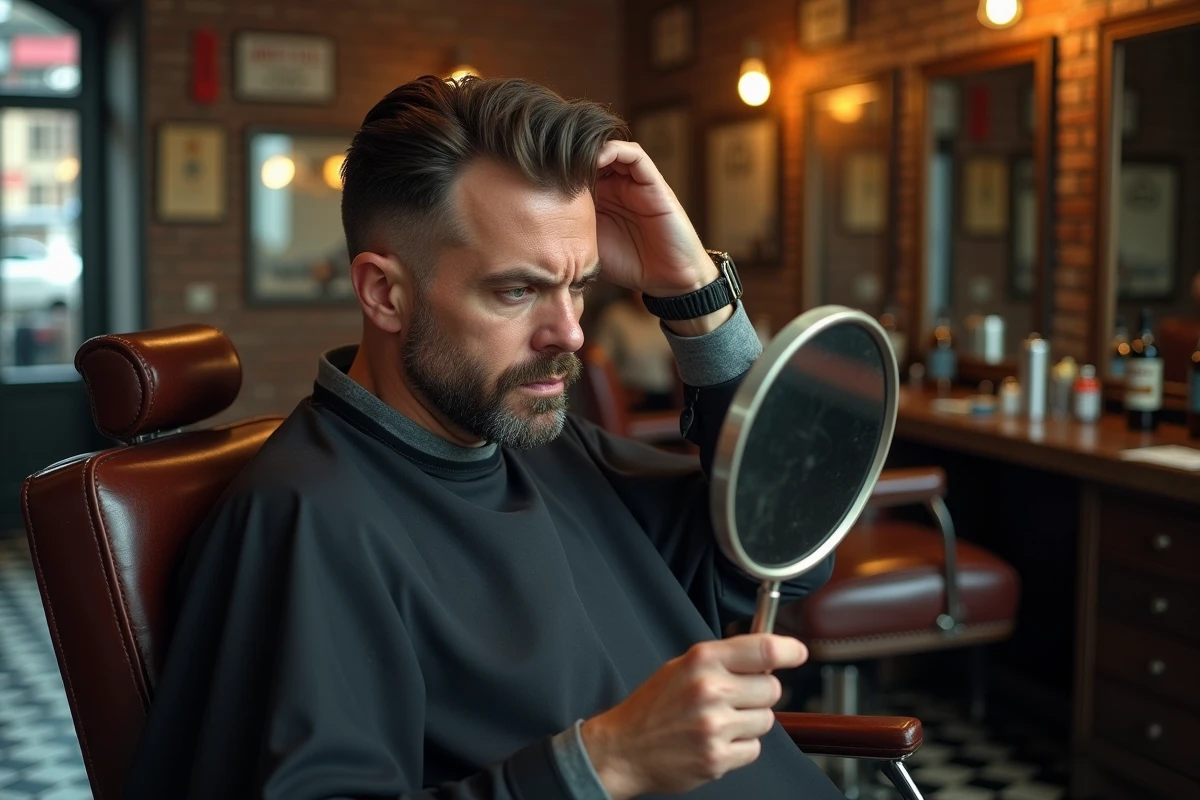 Homme insatisfait observant une coupe couronne ratée dans un miroir à main dans un salon de coiffure traditionnel