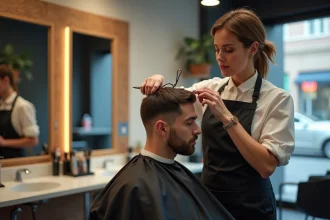 Coiffeuse professionnelle réalisant une coupe couronne sur un client dans un salon moderne, focus sur la technique de ciseau au niveau du sommet de la tête