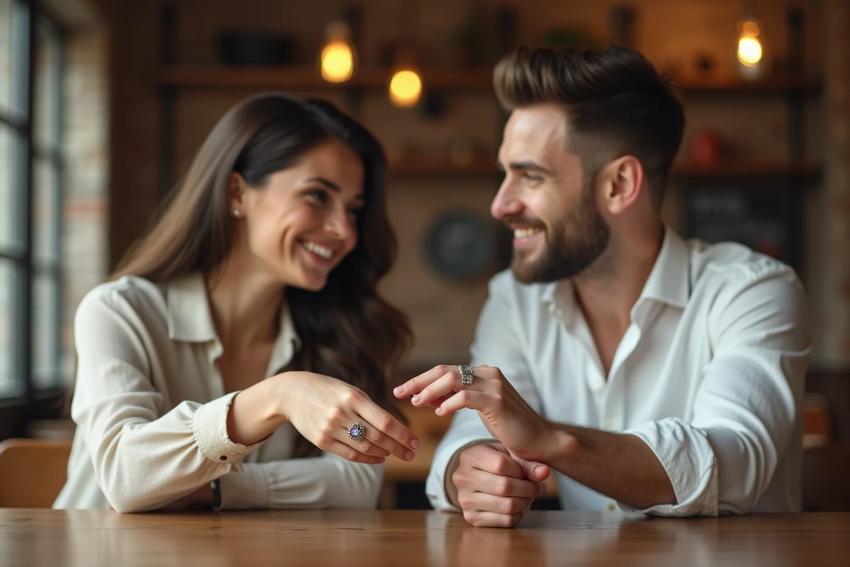 Couple partageant un moment intime autour d'une chevalière homme comme alternative à l'alliance de fiançailles