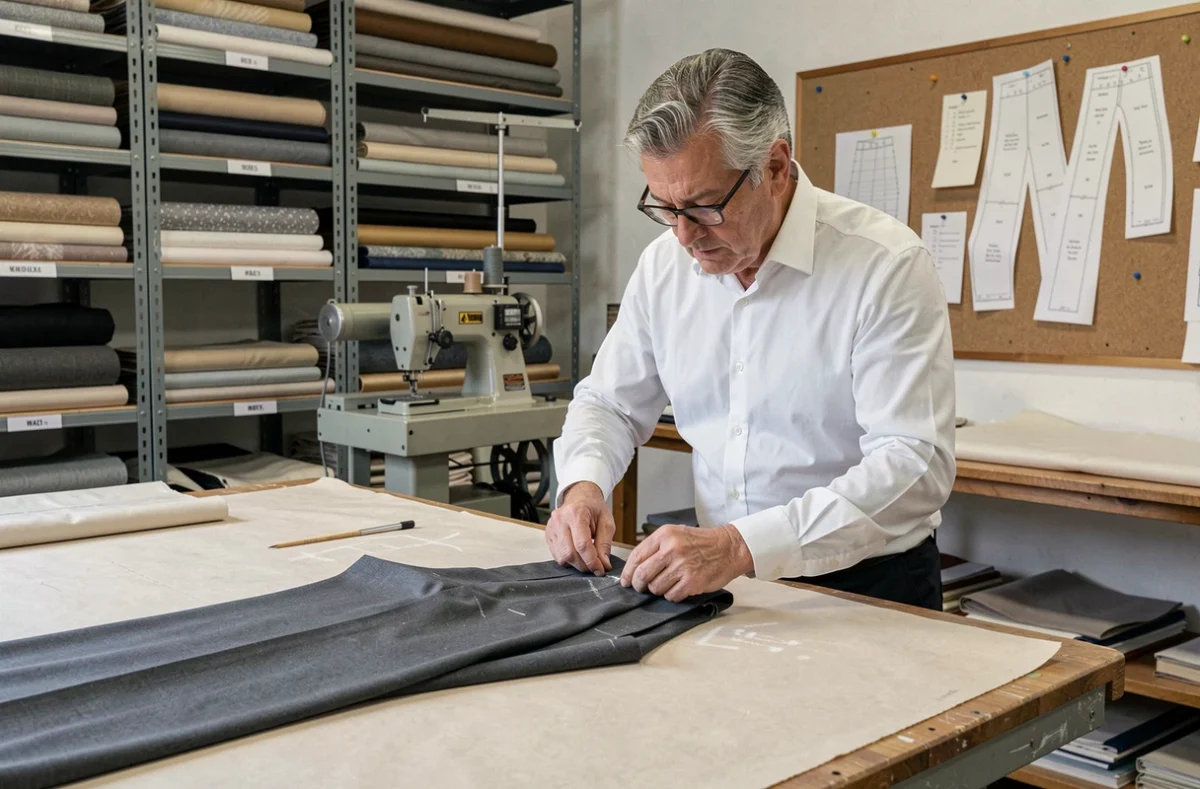 Tailleur de Cousu Main mesurant l'entrejambe d'un pantalon sur une grande table de coupe dans son atelier de couture à Aix-en-Provence