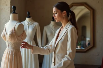 Femme élégante examine une robe en cours de couture dans un atelier chic
