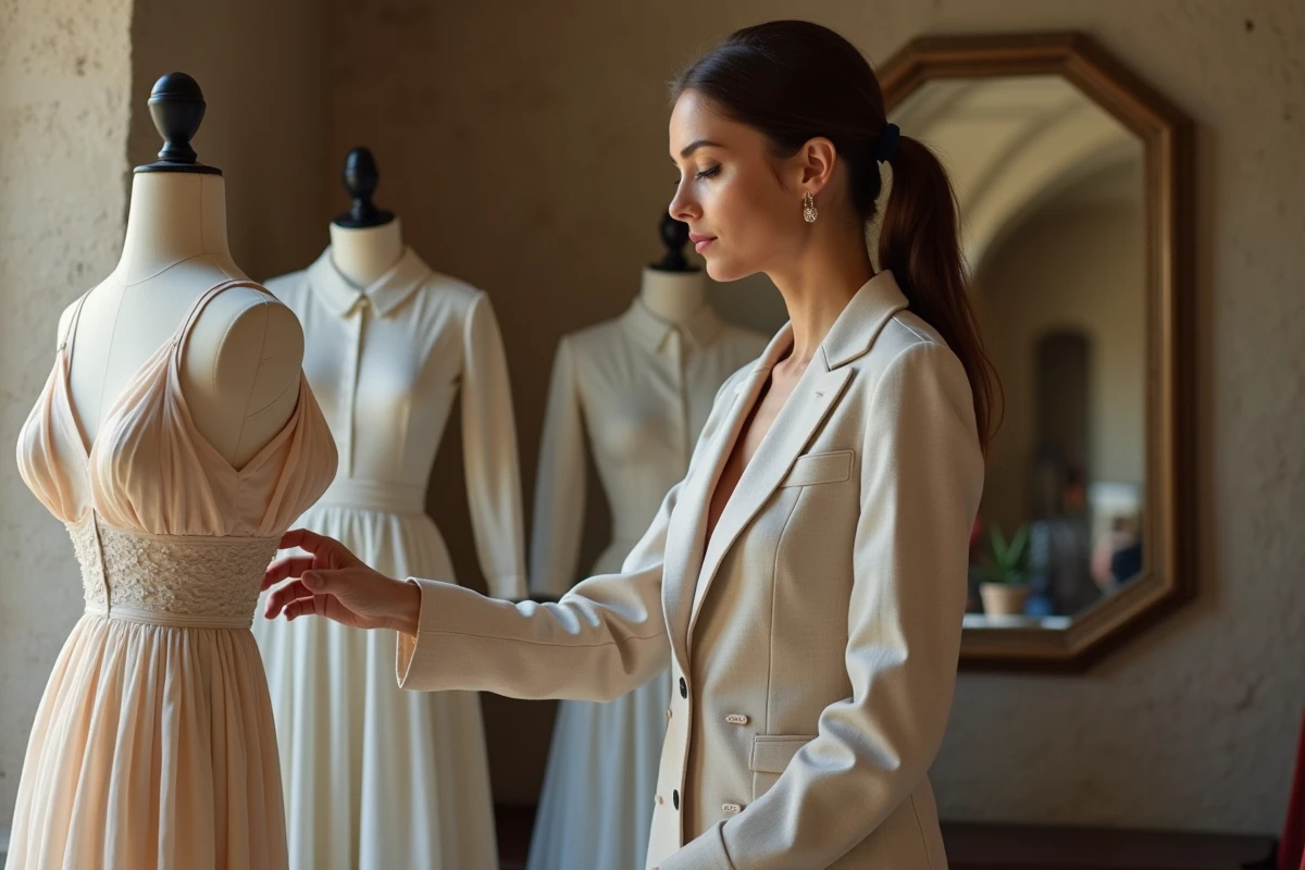Femme élégante examine une robe en cours de couture dans un atelier chic