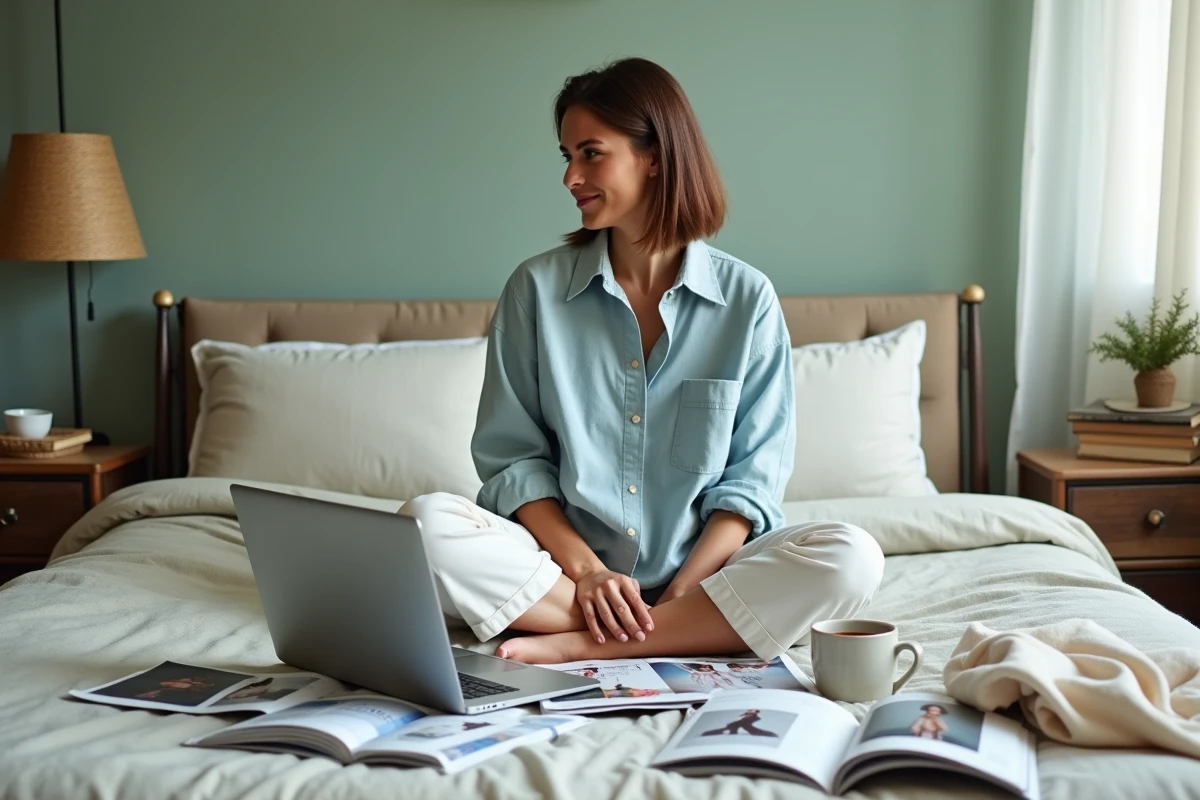 Femme passionnée de mode travaillant sur son blog entourée de magazines et d'échantillons de tissus sur un lit douillet dans une chambre au décor naturel