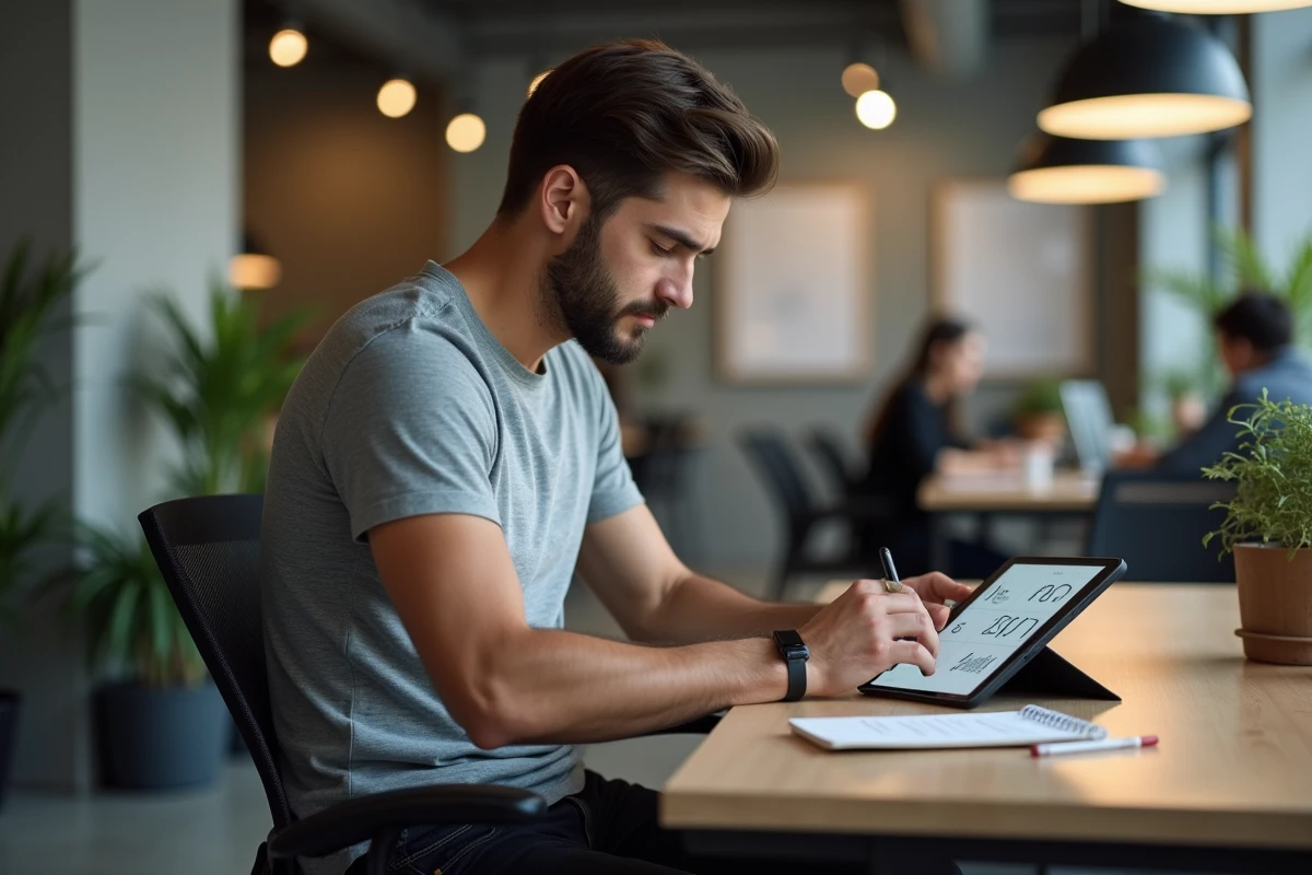 Homme saisissant ses mensurations dans une application de silhouette virtuelle sur tablette
