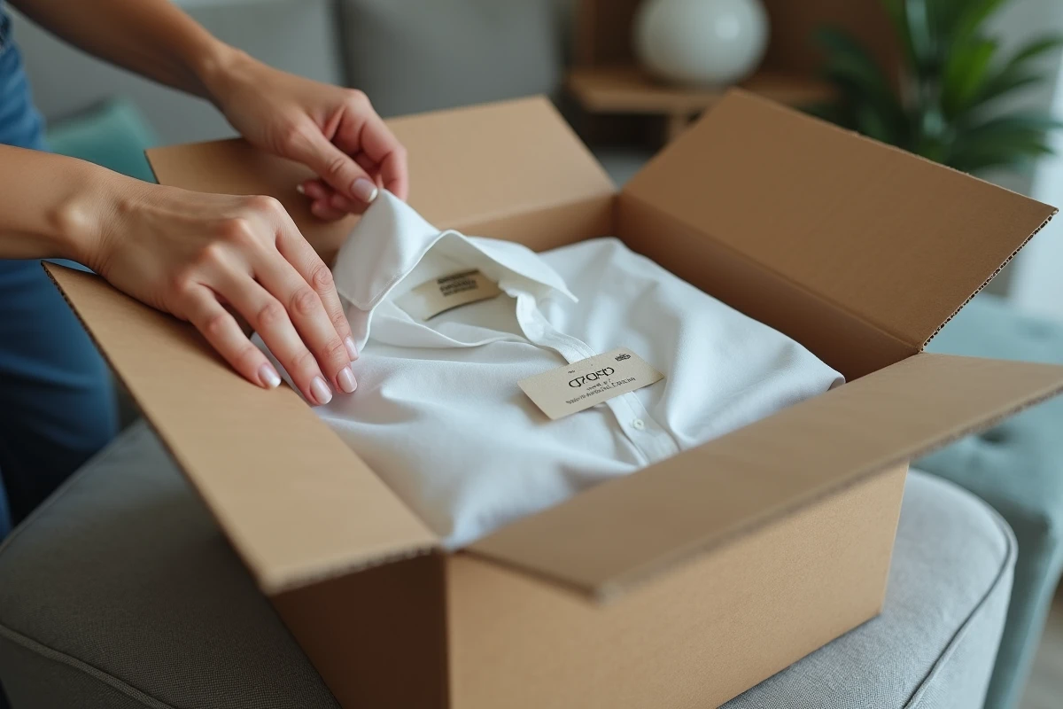 Déballage d'une commande Thebradery avec des vêtements de créateurs soigneusement emballés dans du papier de soie
