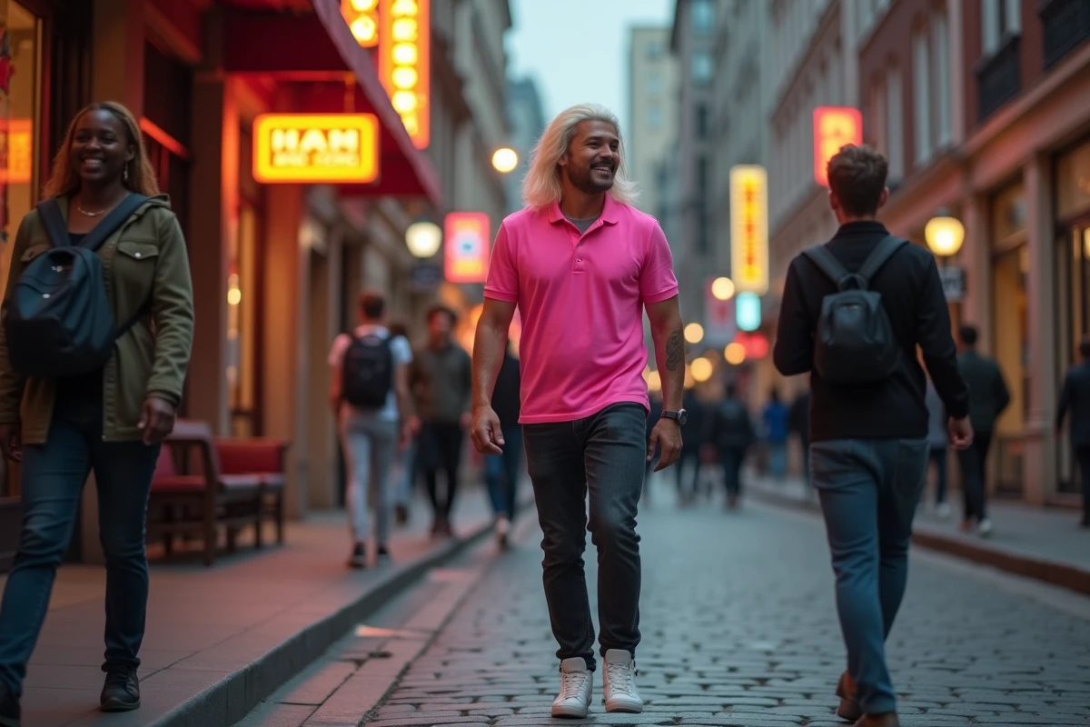 Homme en déguisement années 80 avec perruque mulet blonde et polo fluo dans une rue urbaine rétro
