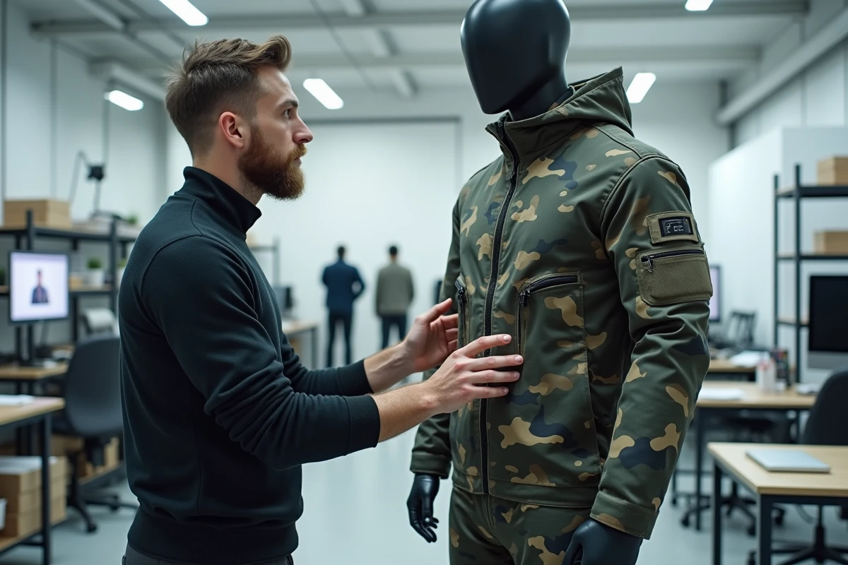 Designer en studio avec uniforme camouflage futuriste