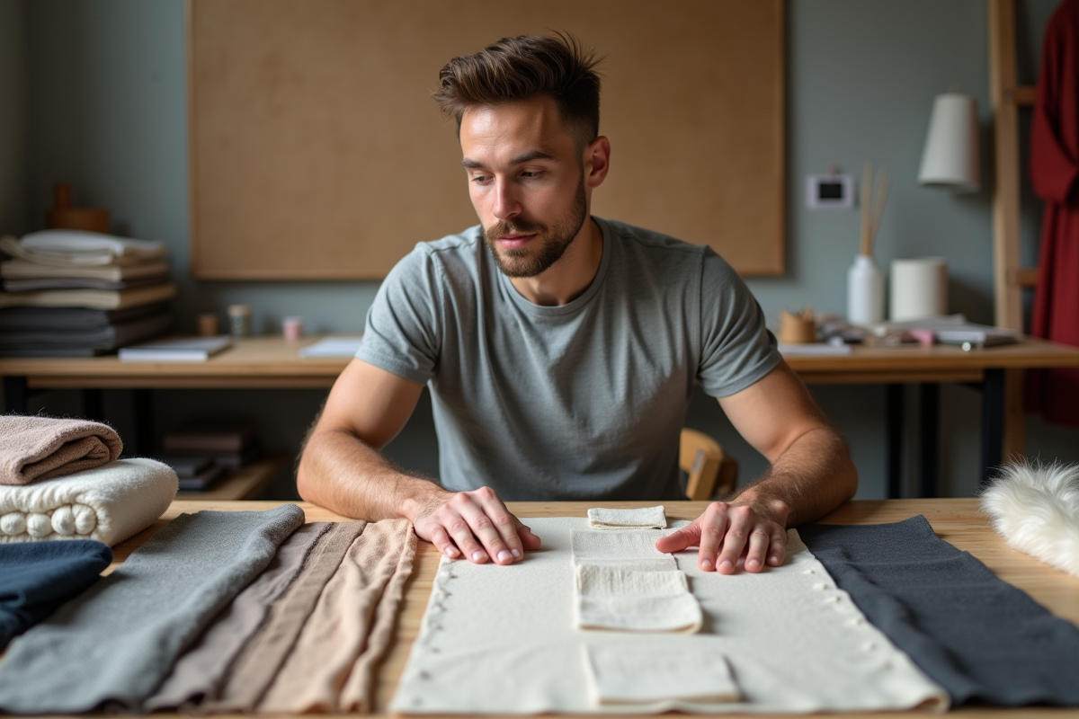 Jeune designer tissu en atelier avec échantillons