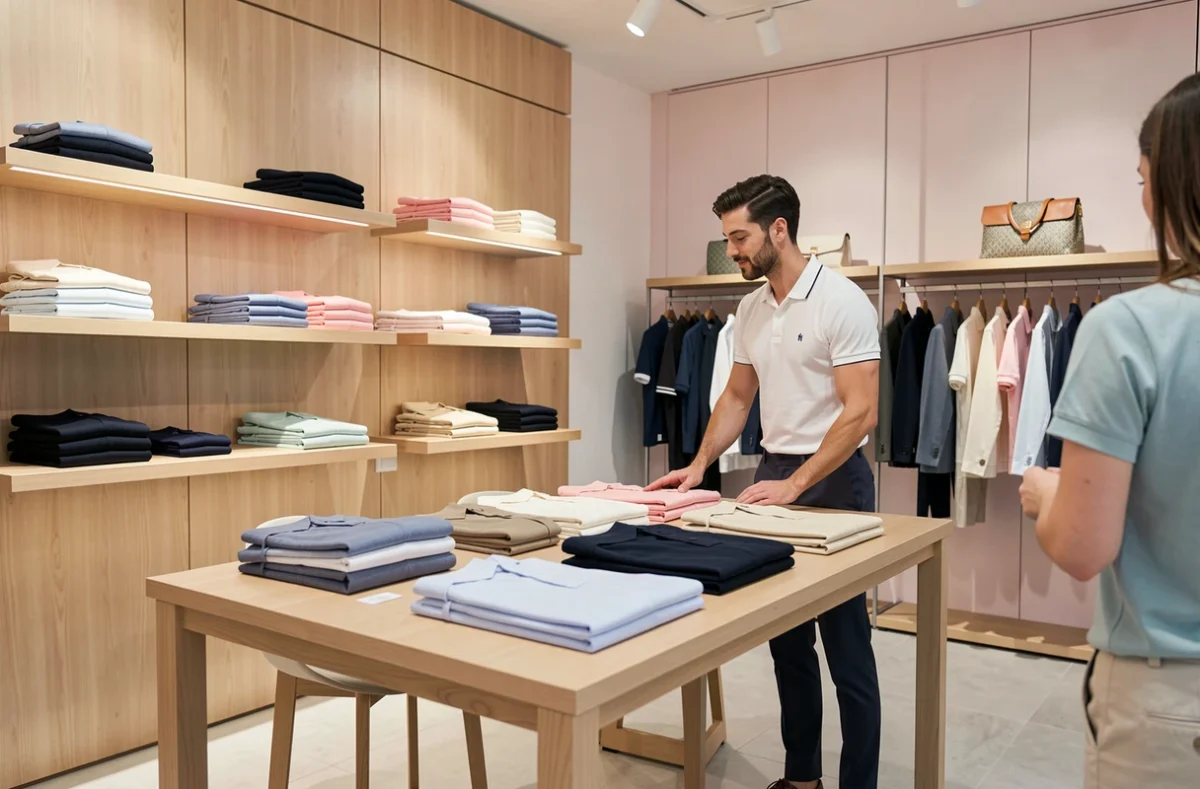 Boutique Eden Park à Perpignan avec ses polos et vêtements casual-chic soigneusement présentés sur des étagères en bois clair, un conseiller de vente accompagnant un client dans un cadre élégant