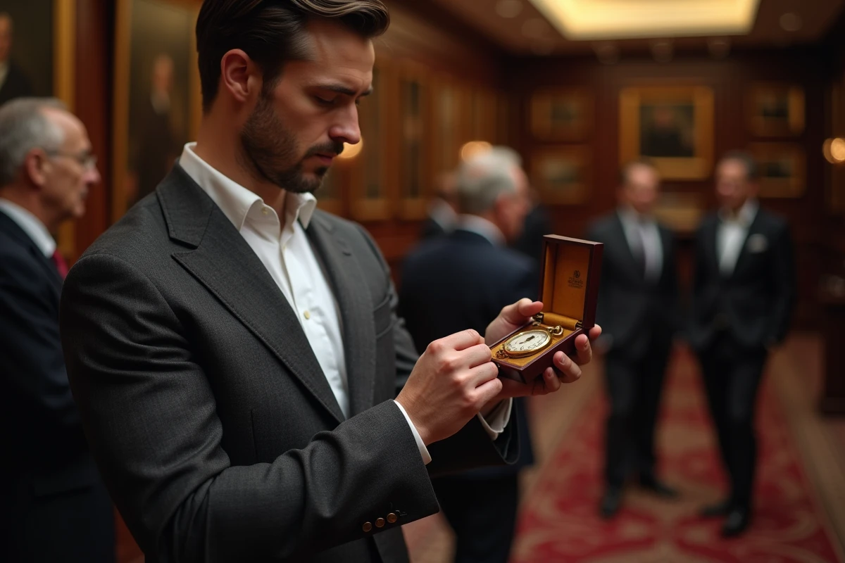 Homme en costume distingué examinant une montre de poche en or ancienne lors d'une vente aux enchères de montres de luxe