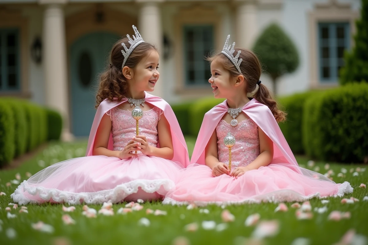 Deux filles en costume de princesse jouent dans le jardin