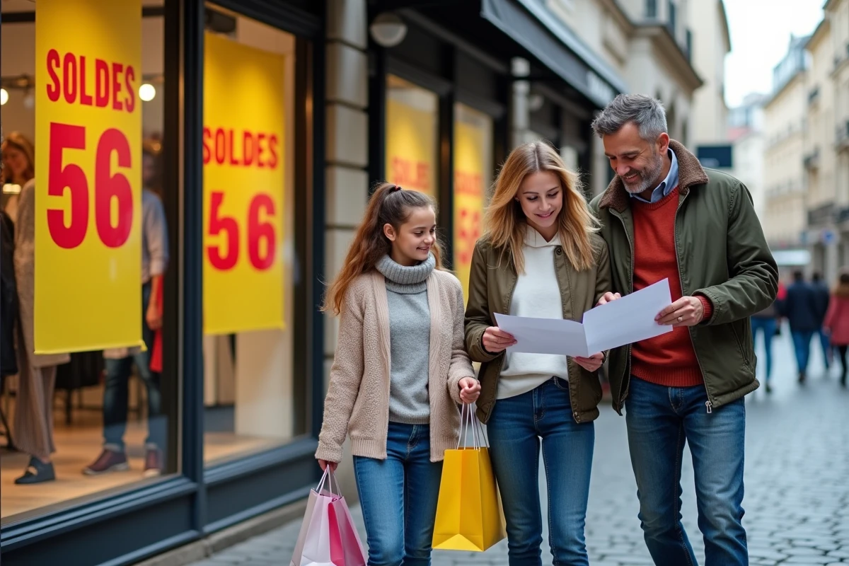 Famille française avec des enfants adolescents faisant du shopping lors des soldes dans une rue commerçante avec des vitrines décorées de bannières promotionnelles