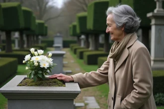 Femme agee devant la tombe de Coco Chanel dans un cimetière