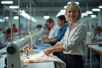 Femme inspectant un vêtement dans une usine de mode