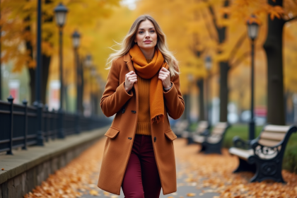 Femme élégante en manteau automnal dans un parc urbain