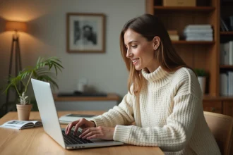 Femme consultant le site Thebradery sur un ordinateur portable depuis son bureau à domicile pour lire des avis clients