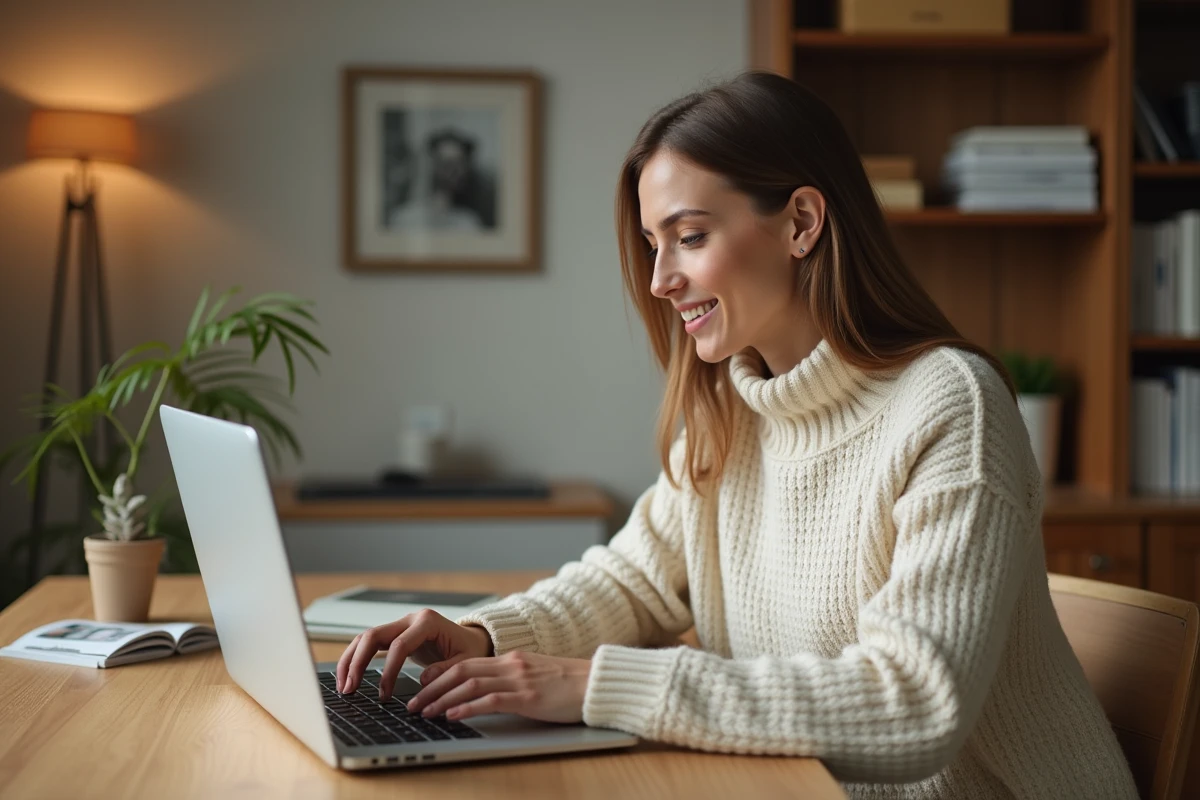 Femme consultant le site Thebradery sur un ordinateur portable depuis son bureau à domicile pour lire des avis clients