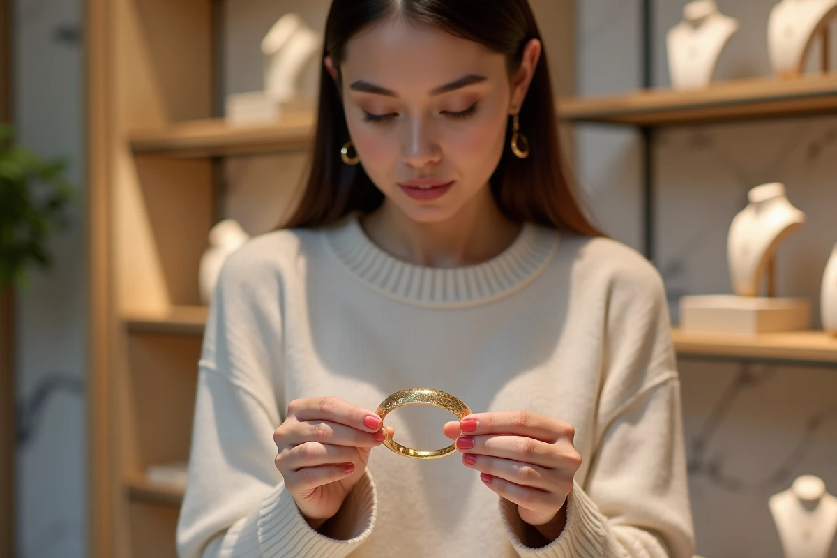 Femme examinant un bracelet en or dans une bijouterie moderne