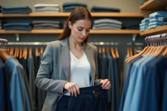 Femme en boutique tenant un pantalon taille 30 et vérifiant l'étiquette de taille européenne