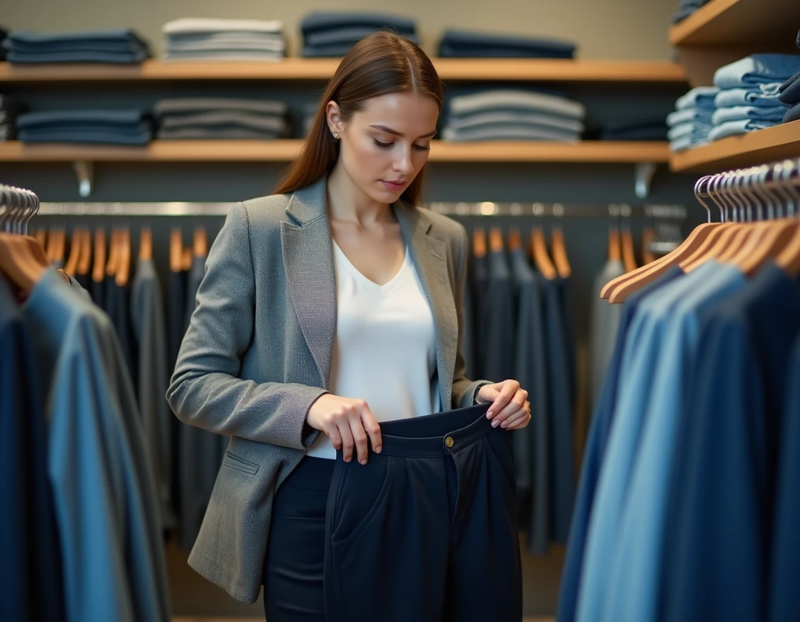 Femme en boutique tenant un pantalon taille 30 et vérifiant l'étiquette de taille européenne