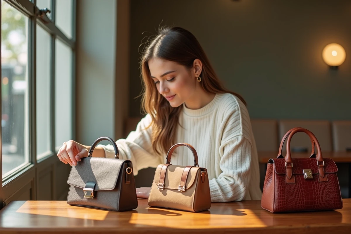 Jeune femme au café avec collection de sacs à main