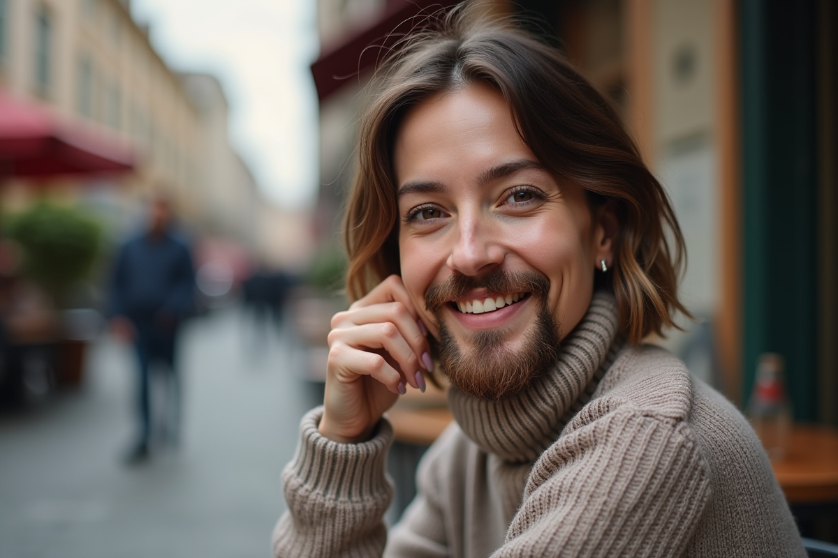 Femme souriante avec barbe courte dans un café en ville