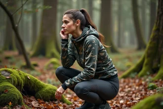 Jeune femme en tenue camouflage dans la forêt