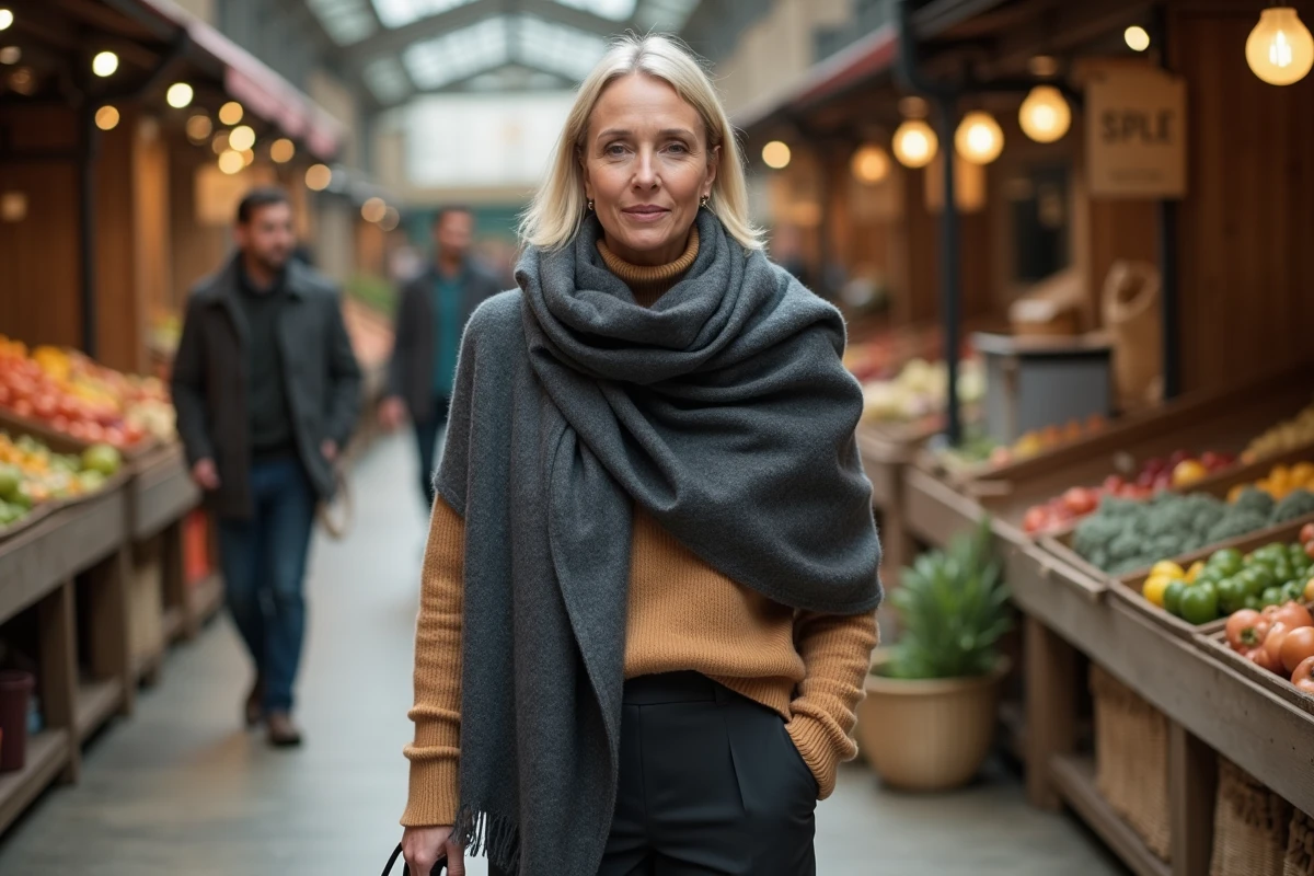 Femme portant un cheche gris en laine drapé sur l'épaule comme châle au-dessus d'un col roulé camel dans un marché couvert