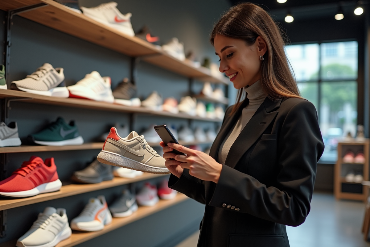 Femme comparant des sneakers dans une boutique urbaine moderne