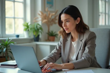 Femme consultant un site web officiel sur un ordinateur portable dans un bureau moderne