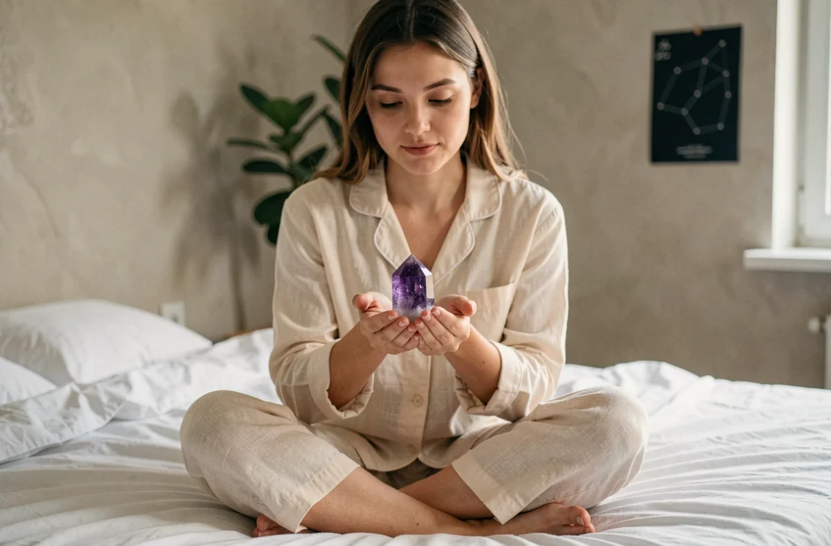 Jeune femme tenant un cristal d'améthyste dans ses mains avant de dormir, associant pierre précieuse et signe astrologique pour un sommeil paisible