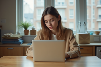 Jeune femme dans une cuisine moderne pensant devant un ordinateur