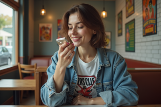 Femme appliquant du rouge à lèvres mauve dans un café vintage