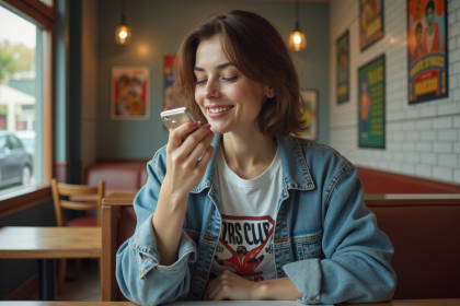 Femme appliquant du rouge à lèvres mauve dans un café vintage