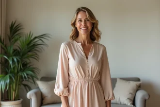 Femme élégante en robe fluide dans un salon moderne