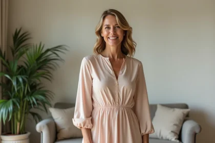 Femme élégante en robe fluide dans un salon moderne