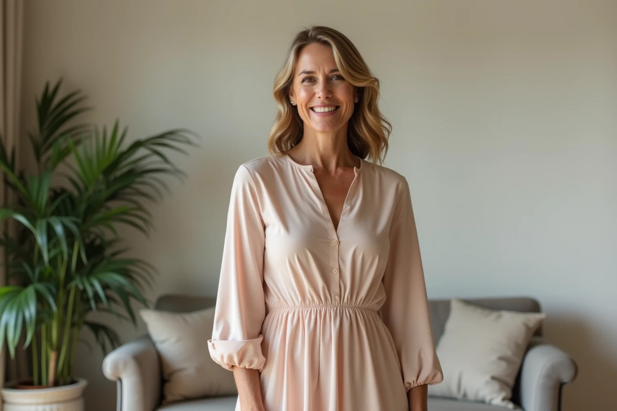 Femme élégante en robe fluide dans un salon moderne