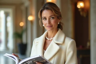 Femme élégante en manteau de cachemire tenant le magazine de luxe It's Luxe Time dans le hall d'un grand hôtel parisien