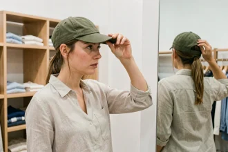 Femme essayant une casquette devant un miroir en cabine d'essayage pour vérifier la taille et l'ajustement