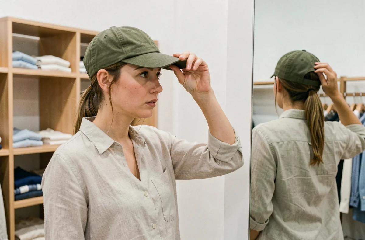 Femme essayant une casquette devant un miroir en cabine d'essayage pour vérifier la taille et l'ajustement