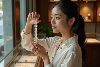 Femme examinant un collier de perles de culture dans une bijouterie, analysant la qualité des perles avant négociation