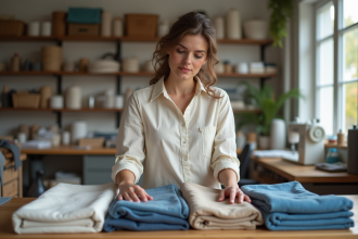 Femme en blouse en lin examine des échantillons de tissu