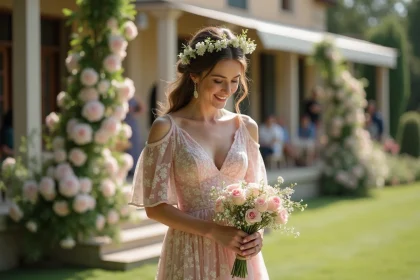 Femme souriante en robe florale lors d'un mariage en extérieur