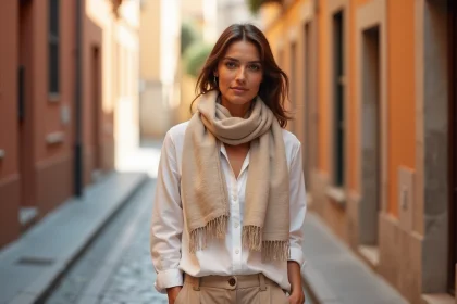 Femme portant un foulard cheche en lin beige drapé autour du cou dans une rue pavée ensoleillée, style casual chic quotidien